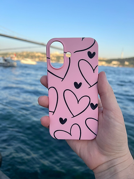 Pembe Kılıf Siyah Kalpler Telefon Kılıfı